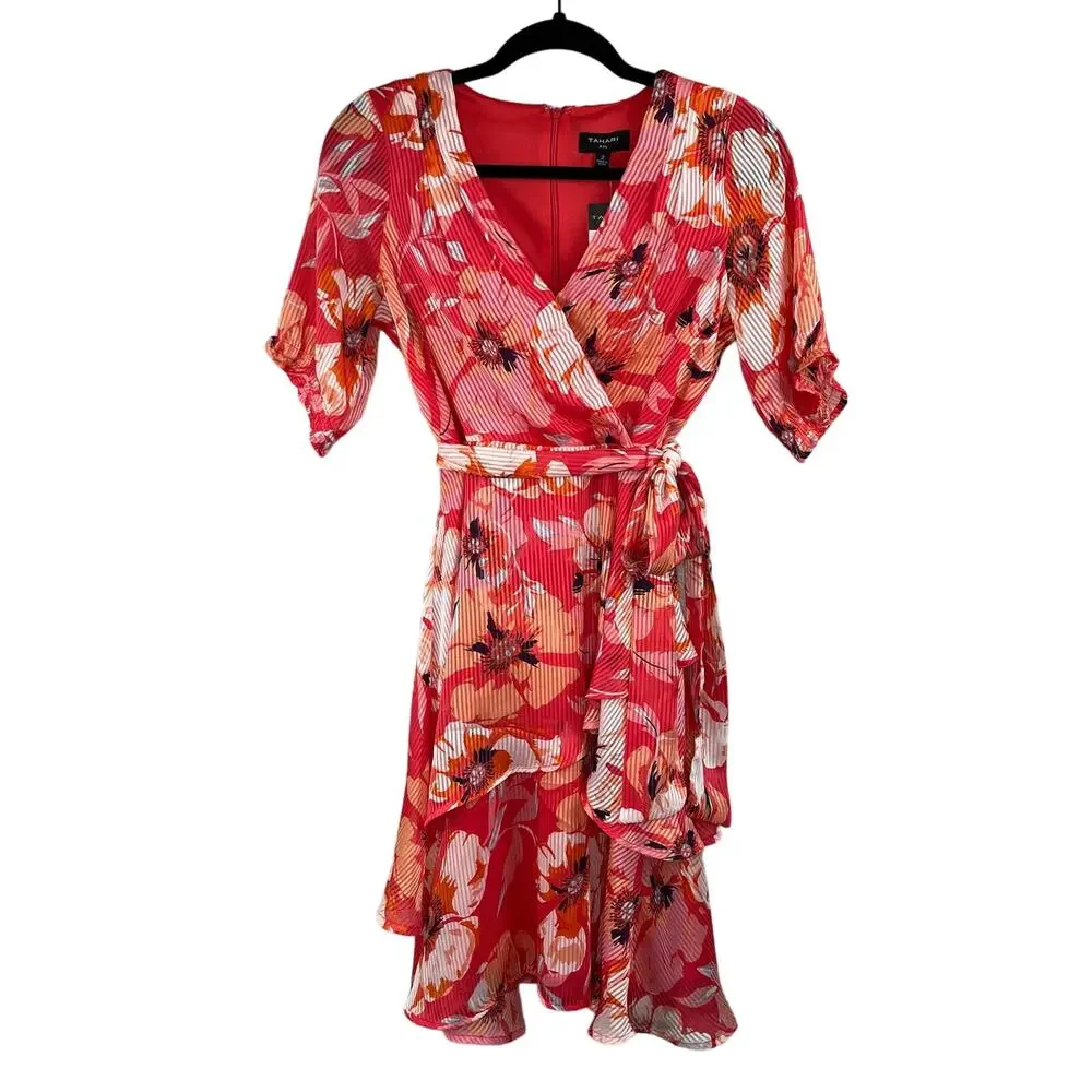Tahari ASL Pink Floral Ruffle Hem Dress V-Neck Tie Waist Bridal Shower 2 NWT - Picture 3 of 16